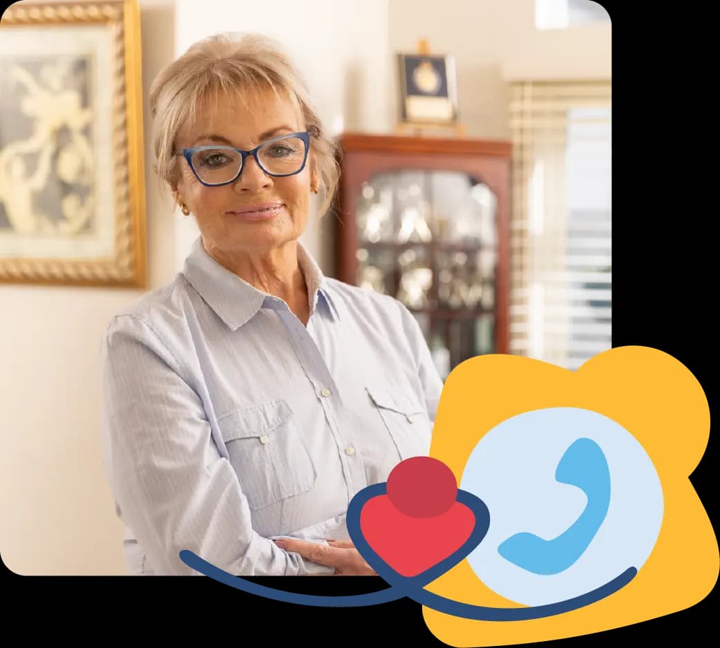 Image of Paula Duncan smiling, with an icon of a telephone and a heart beside her