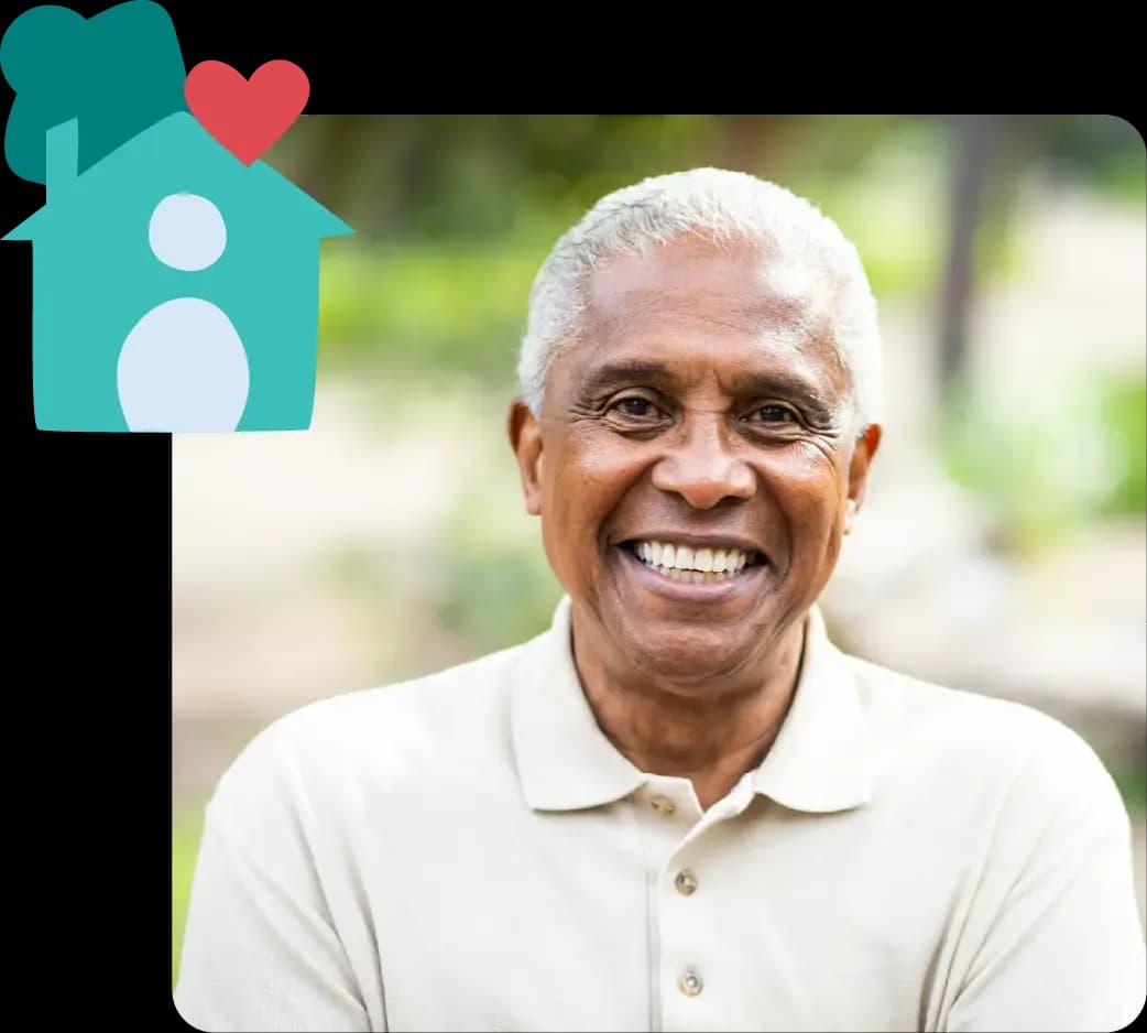 Elderly man smiling in a park, with a horse icon and a heart icon on the side, bright and cheerful atmosphere