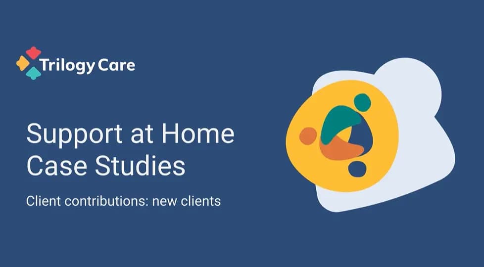 Trilogy Care illustration, Trilogy Care logo and white logo with text 'Support at Home Case Studies - new clients'