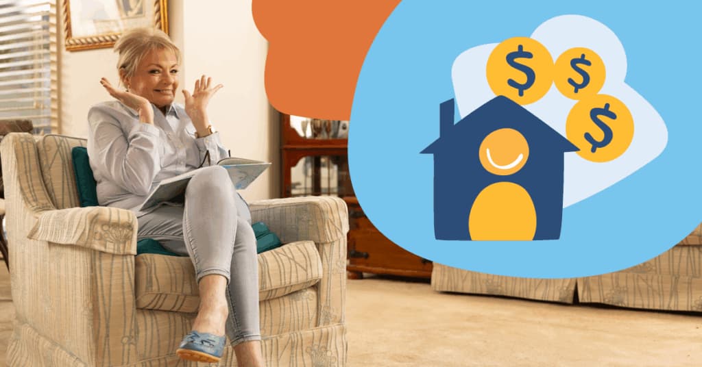 Smiling woman sitting on a chair with a notepad, thinking about a house with dollar signs, symbolizing financial planning or real estate.