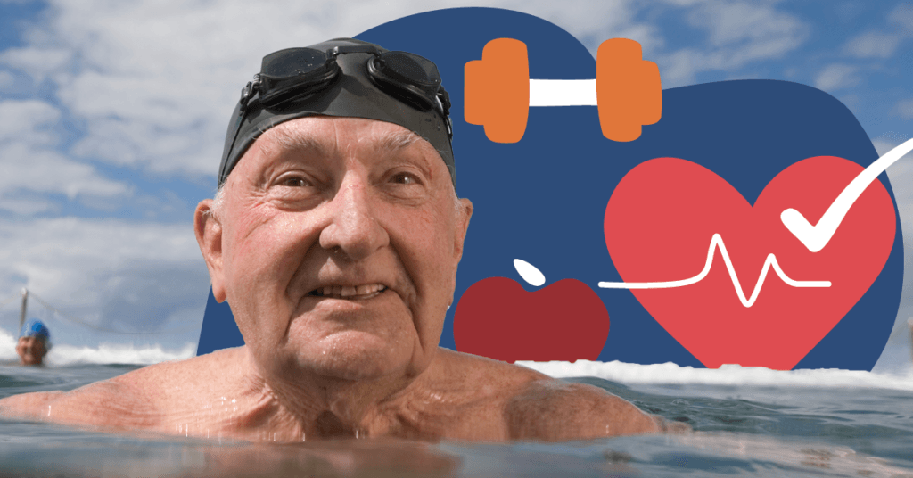 Elderly man swimming, wearing goggles, with fitness icons like a dumbbell and heart rate symbol in the background.