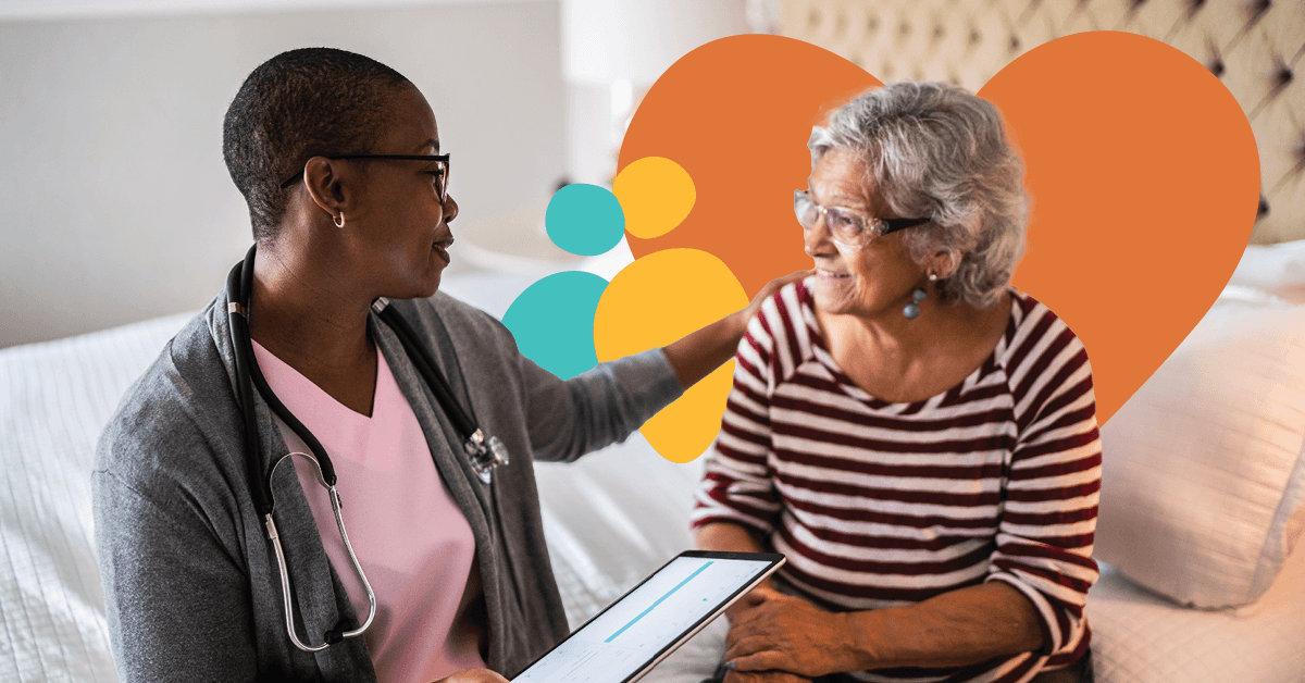 A healthcare professional with a stethoscope talks to a smiling elderly woman sitting on a bed, with colorful abstract shapes in the background.