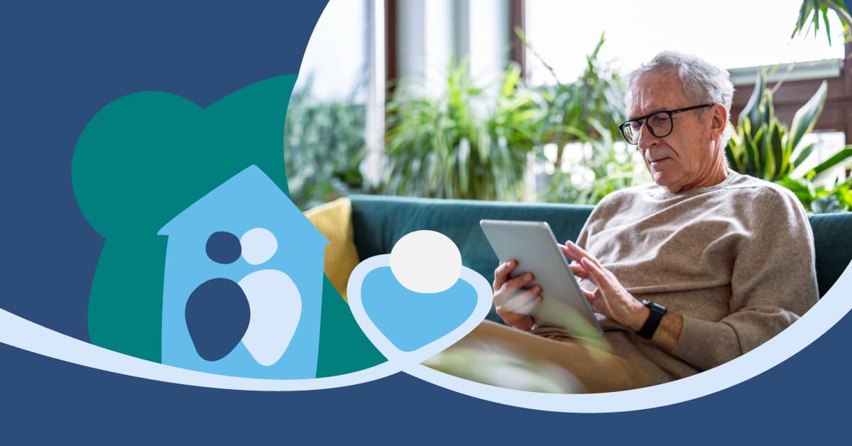 Elderly man with glasses using a tablet, sitting on a couch in a room with plants; abstract house and heart shapes overlay the image.
