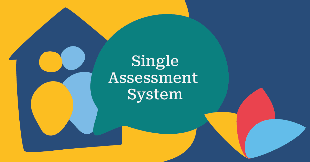 Illustration with a house, speech bubble reading "Single Assessment System," and a stylized butterfly on a blue and yellow background.