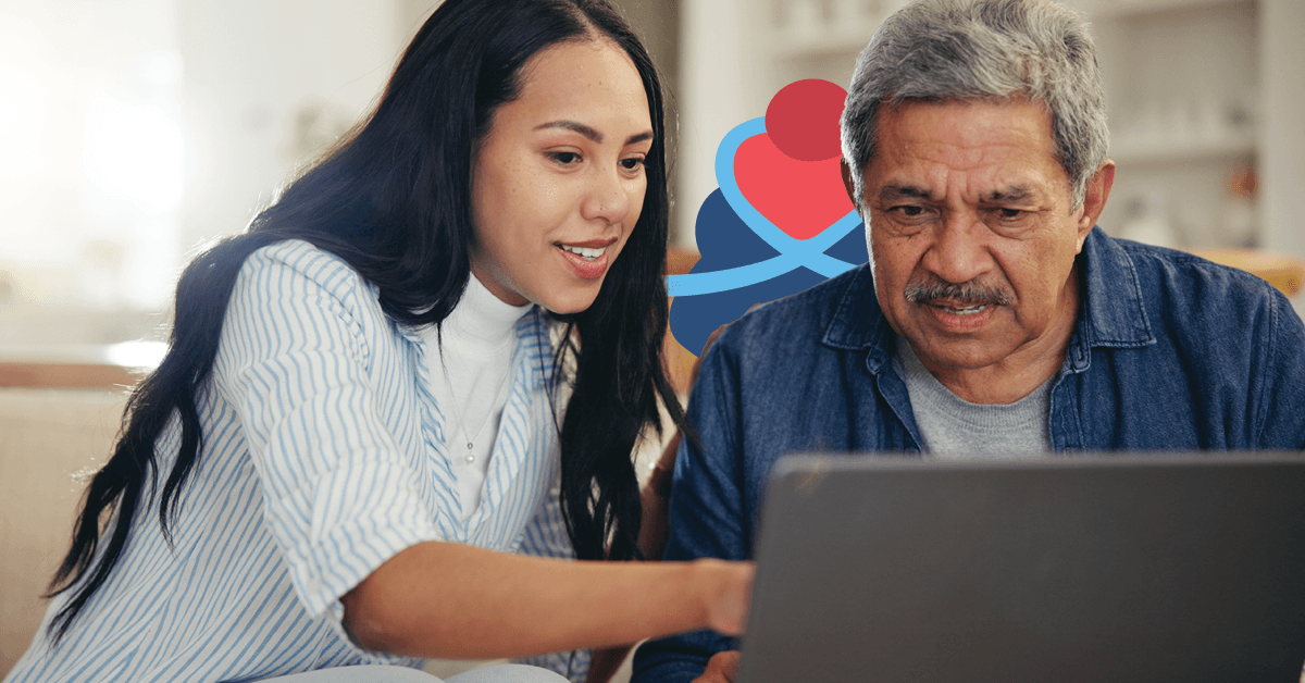 Woman helping an older man use a laptop, both focused on the screen. A colorful abstract logo is in the background.