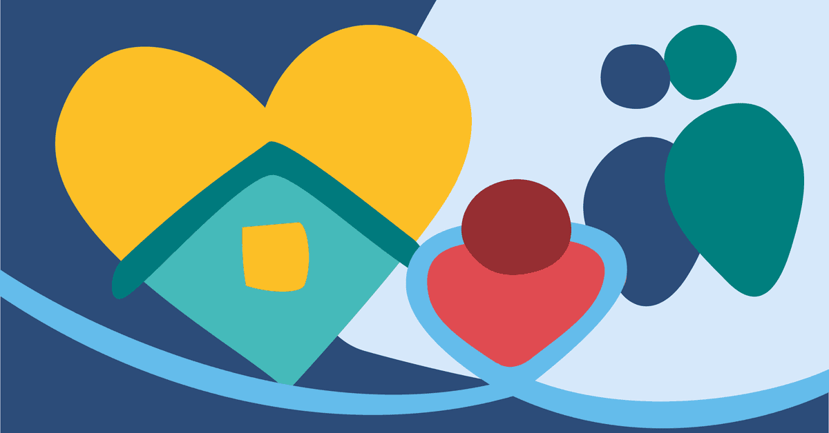 Abstract design with a yellow heart, teal house, red heart, and teal figures on a blue and light blue background.