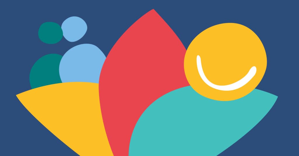 Colorful abstract shapes resembling a flower with a smiling yellow circle on a dark blue background.