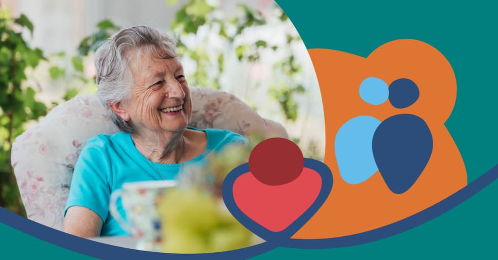 Elderly woman smiling while sitting in a chair, surrounded by plants, with colorful abstract shapes on the right side.