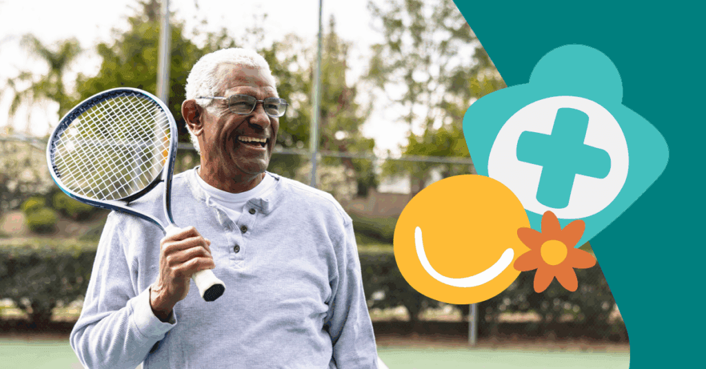 Elderly man smiling on a tennis court, holding a racket. Overlay of health symbols and a flower on the right side.