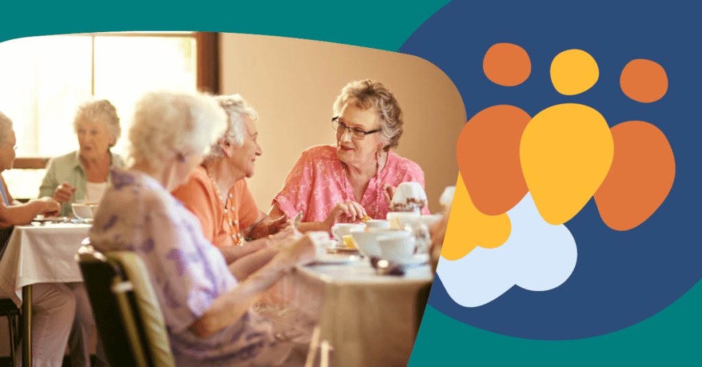 Elderly women enjoying a meal together at a table, with colorful abstract shapes on the right side of the image.