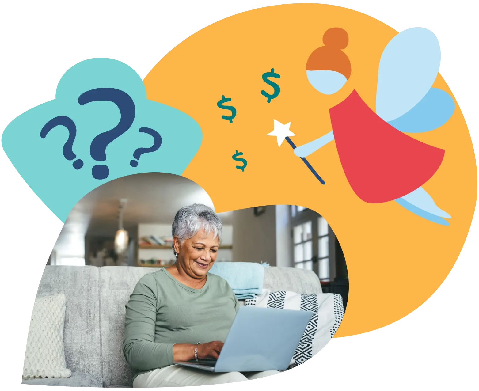 Elderly woman using laptop with fairy icon overlay