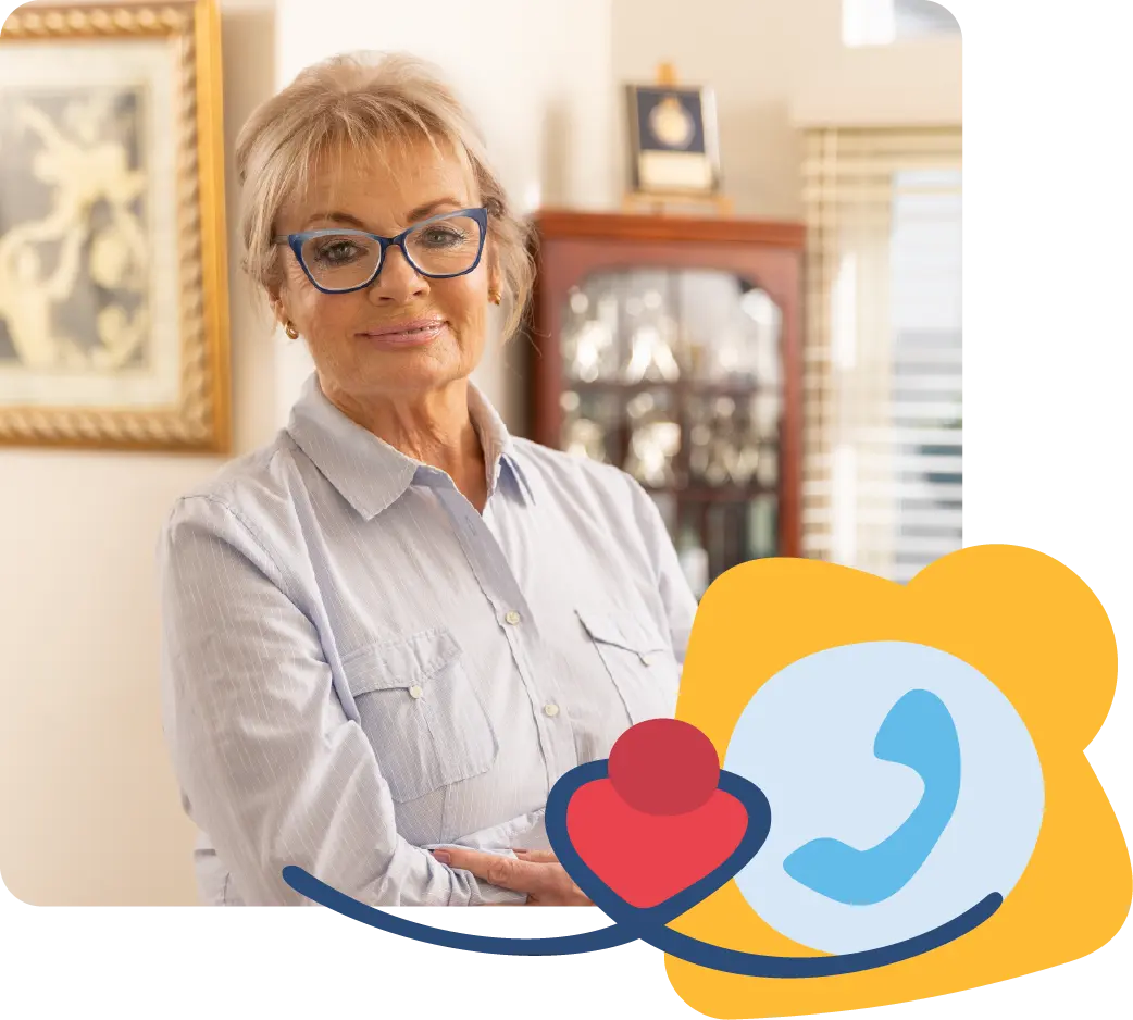 Image of Paula Duncan smiling, with an icon of a telephone and a heart beside her