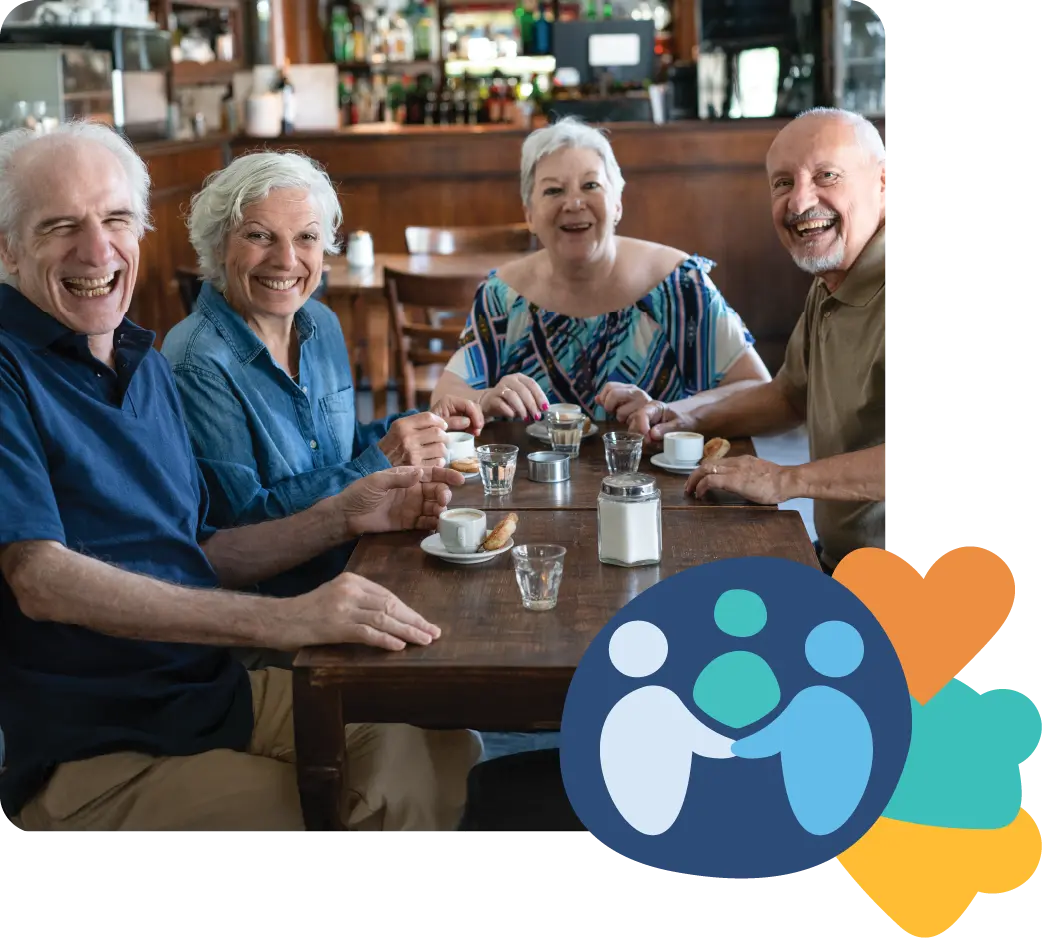 Two elderly couples smiling and enjoying coffee at a coffee shop, with a heart and hugging people icon on the side