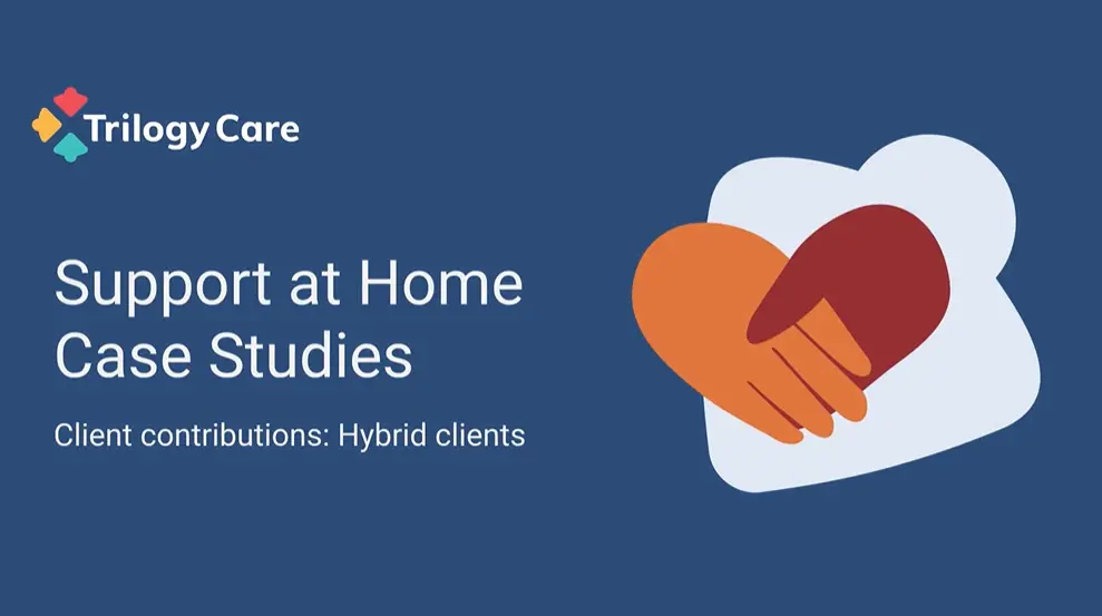 Illustration of two hands shaking with Trilogy Care logo and text 'Support at Home Case Studies – hybrid clients'