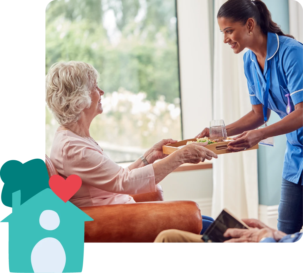 Elderly man smiling in a park, with a horse icon and a heart icon on the side, bright and cheerful atmosphere