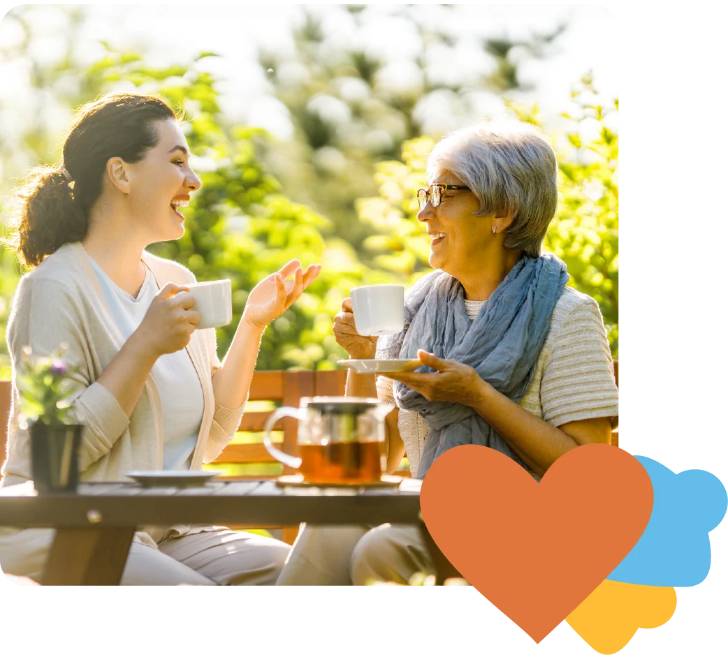 Mum and daughter hugging and smiling in a park, with a heart icon and a house icon on the side, warm and happy atmosphere