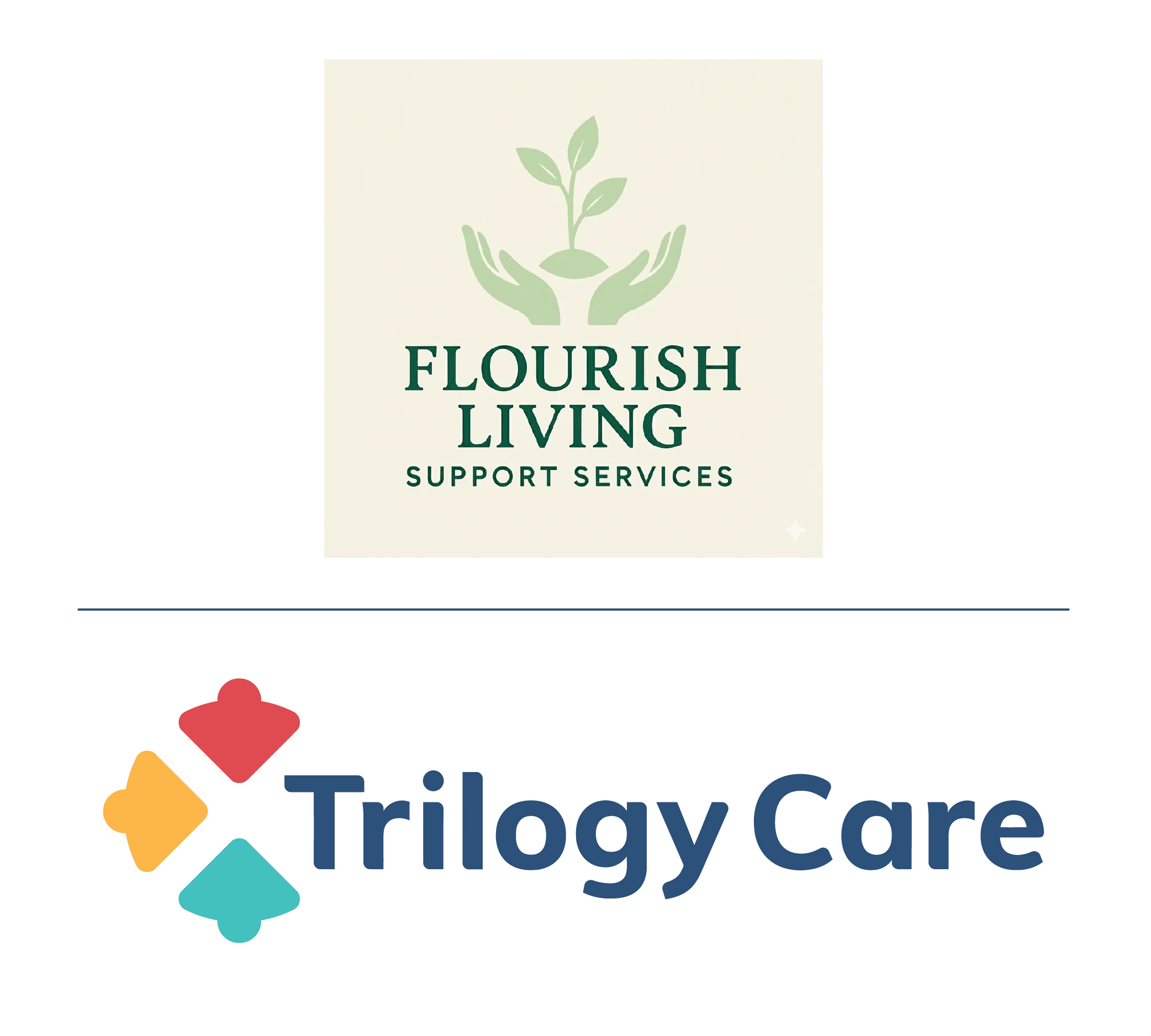 Flourish Living and Trilogy Care logos side by side