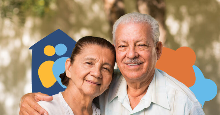 A content elderly couple smiles warmly, overlaid with symbolic graphics representing home and family.