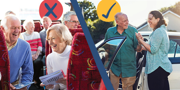 A split image contrasting two scenarios: On the left, elderly individuals laugh together on a bus marked with a red 'X', suggesting an undesirable option. On the right, a happy elderly couple stands beside a car with a blue backdrop and a checkmark, indicating a preferable choice. ( Home Care Package inclusions and exclusions)