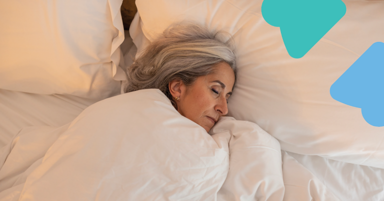 A senior woman with gray hair sleeping peacefully in a white bed, with graphic blue and teal shapes overlayed in the corners of the image.