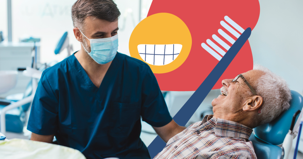 A dentist wearing a mask interacts with a smiling elderly man in a dental chair. Background includes dental health icons such as a toothbrush and a smiling mouth.