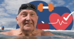 Elderly man smiling while swimming, wearing swim goggles. Background includes icons representing health and fitness, such as a heart, apple, and dumbbell.(International Men’s Health Week)