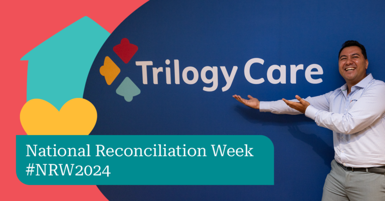 Trilogy Care employee celebrating National Reconciliation Week 2024 with the hashtag #NRW2024.