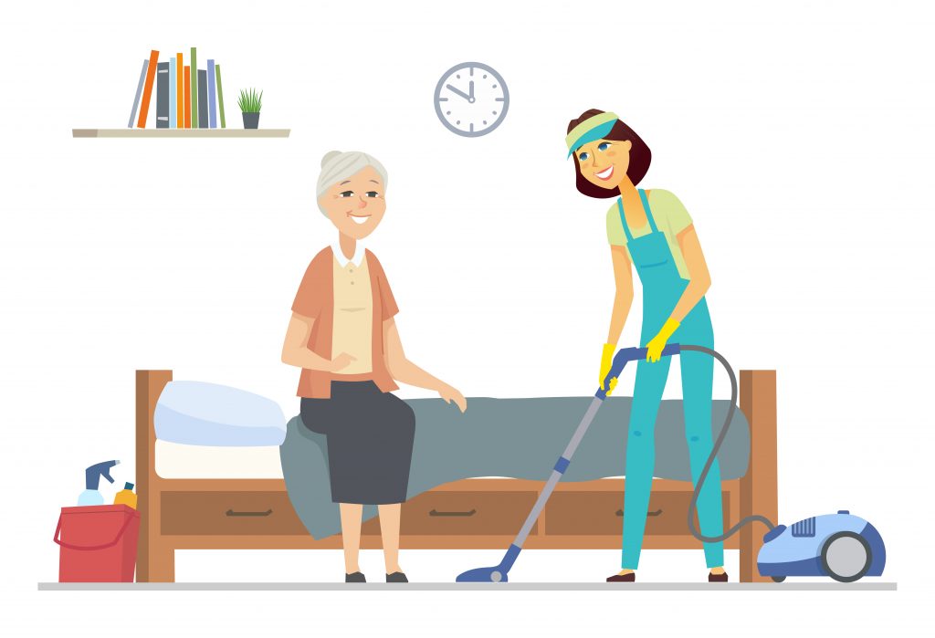 Cleaner helping senior woman - flat design style illustration